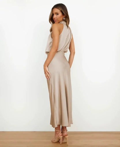 Formal Satin Halter Midi Dress for Women