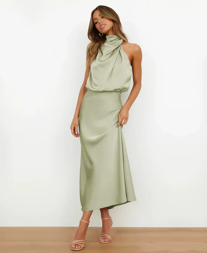 Formal Satin Halter Midi Dress for Women