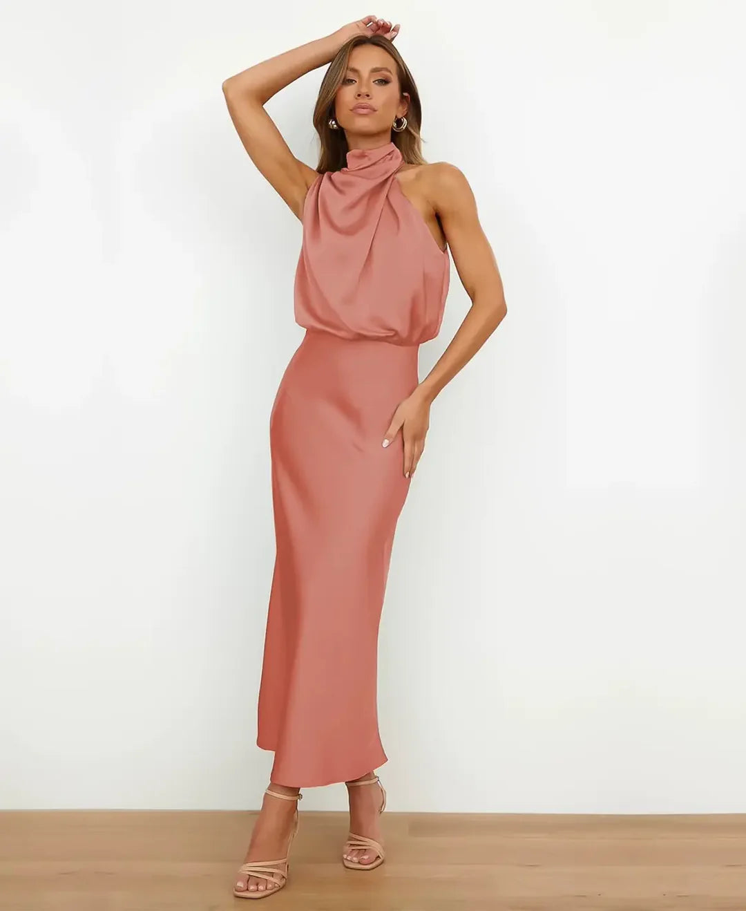 Formal Satin Halter Midi Dress for Women