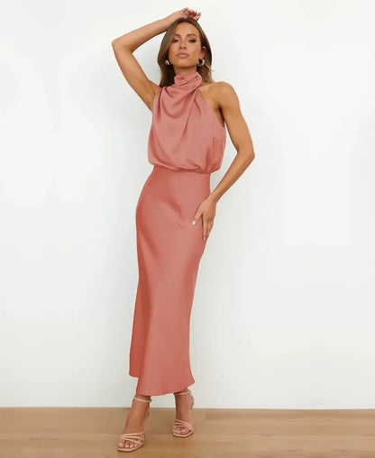 Formal Satin Halter Midi Dress for Women