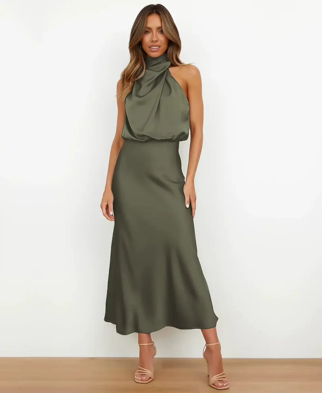 Formal Satin Halter Midi Dress for Women