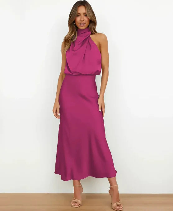Formal Satin Halter Midi Dress for Women
