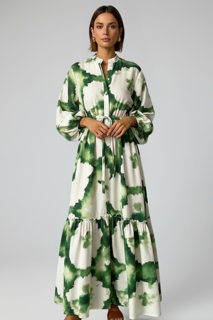 Women's Printed Long-Sleeve V-Neck Maxi Dress