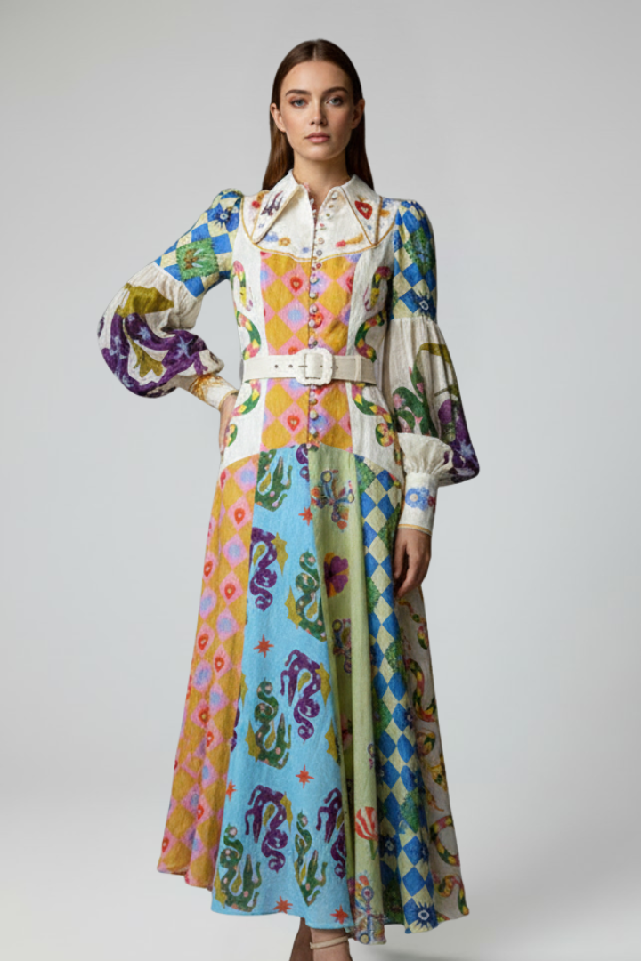 Women's Printed Long-Sleeve V-Neck Maxi Dress