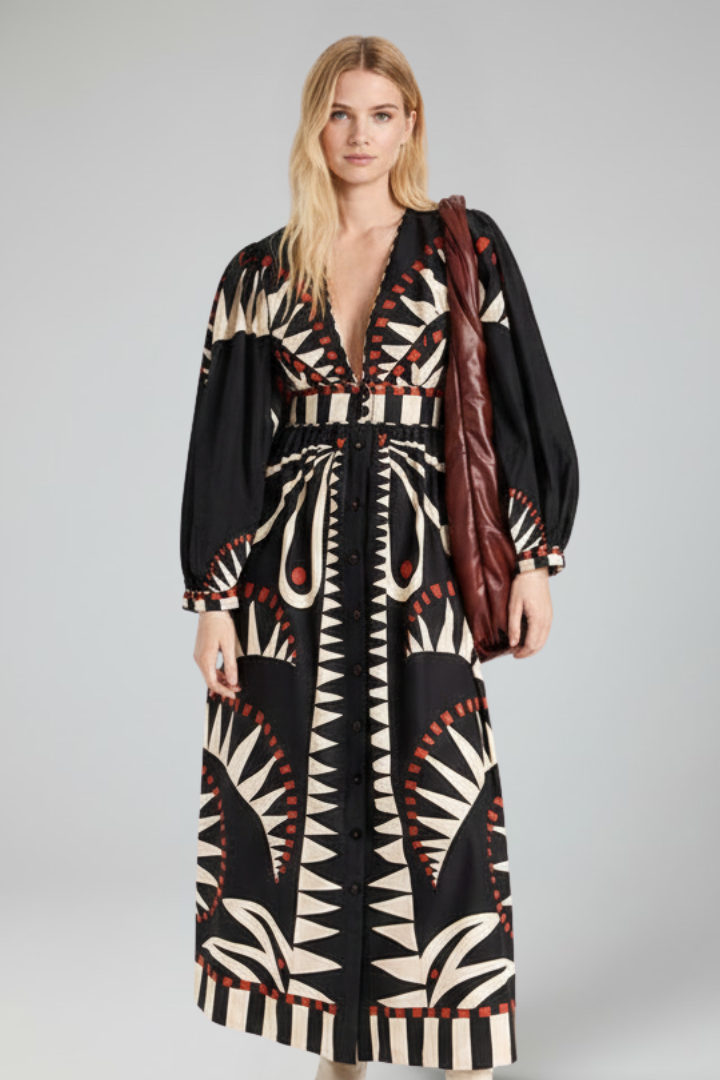 Women's Printed Long-Sleeve V-Neck Maxi Dress