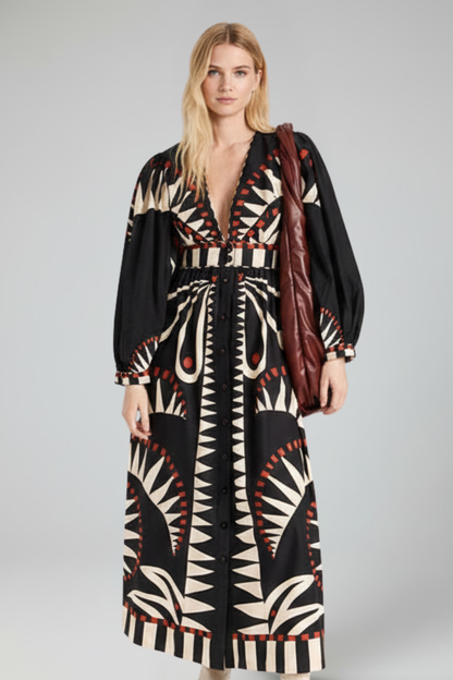 Women's Printed Long-Sleeve V-Neck Maxi Dress