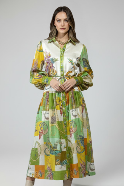 Women's Printed Long-Sleeve V-Neck Maxi Dress