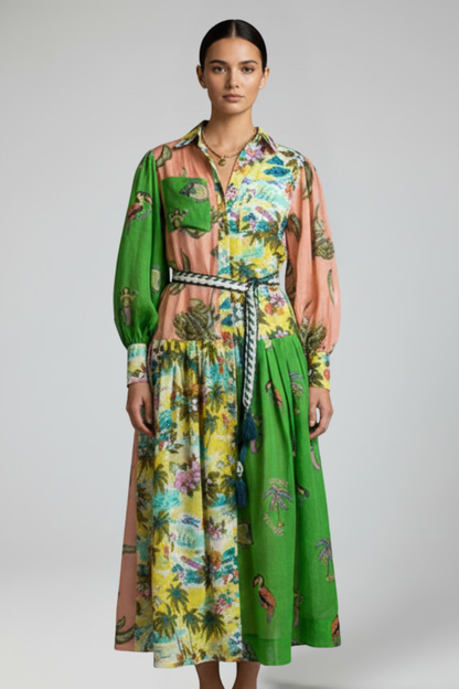 Women's Printed Long-Sleeve V-Neck Maxi Dress