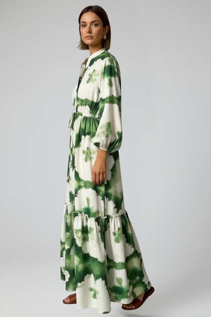 Women's Printed Long-Sleeve V-Neck Maxi Dress