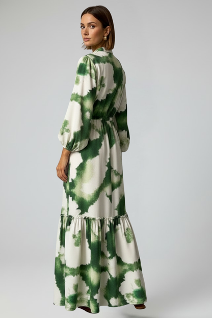 Women's Printed Long-Sleeve V-Neck Maxi Dress
