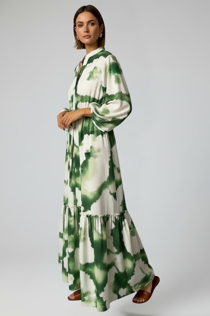 Women's Printed Long-Sleeve V-Neck Maxi Dress