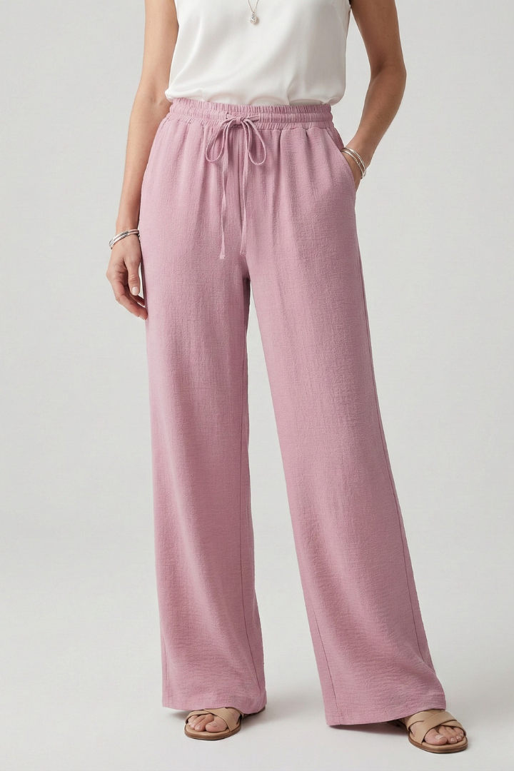Women's Elastic-Waist Casual Palazzo Trousers with Side Pockets