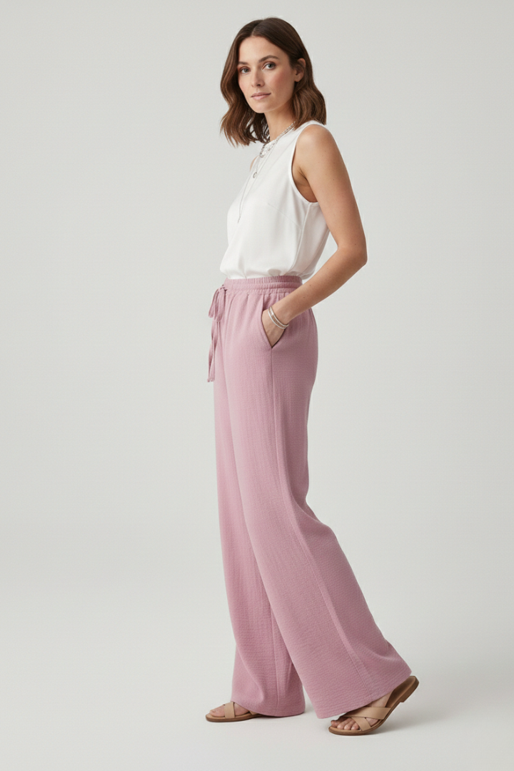 Women's Elastic-Waist Casual Palazzo Trousers with Side Pockets