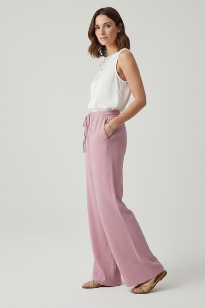 Women's Elastic-Waist Casual Palazzo Trousers with Side Pockets