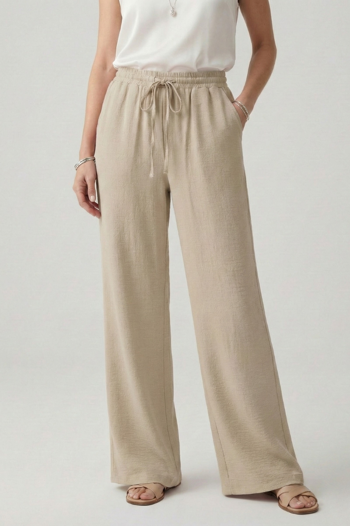 Women's Elastic-Waist Casual Palazzo Trousers with Side Pockets