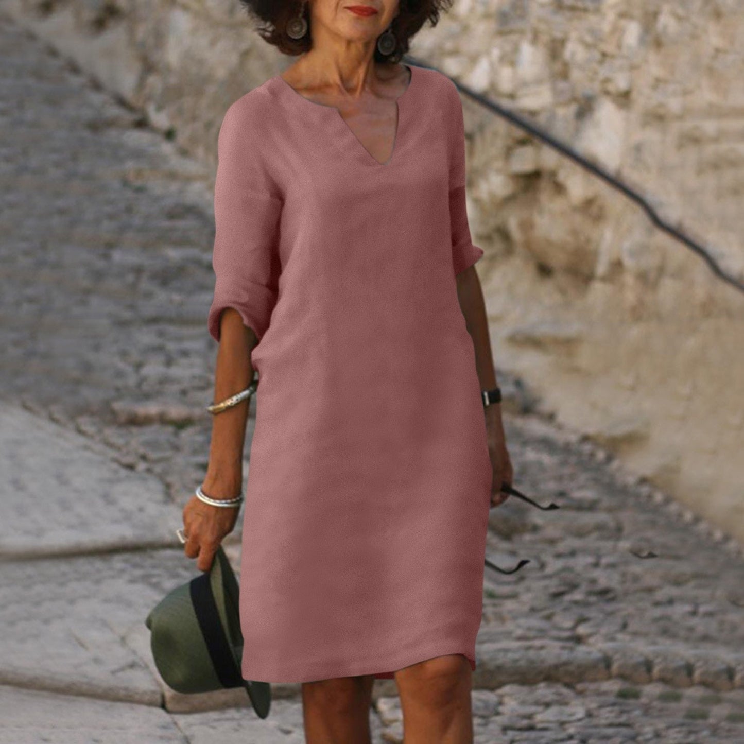 Plain Knee-Length V-Neck Dress for Women