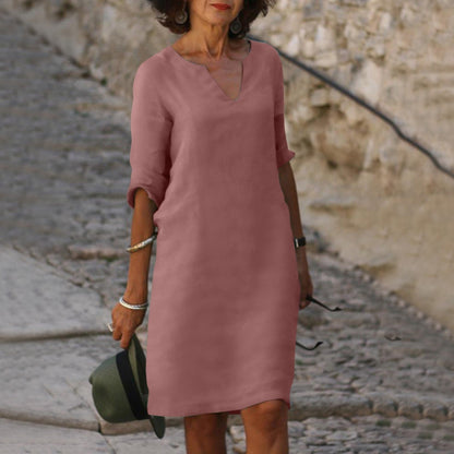 Plain Knee-Length V-Neck Dress for Women