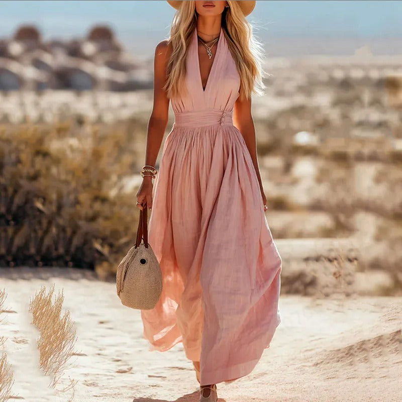 Women's Sleeveless Halterneck Linen Maxi Dress in Bohemian Style