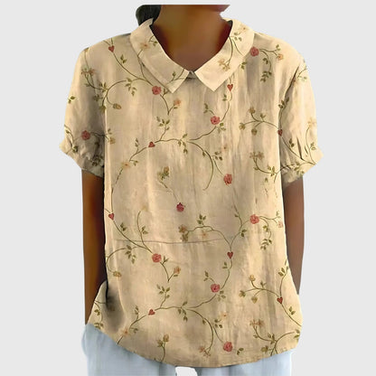 Women's Short-Sleeve Blouse with Floral Collar