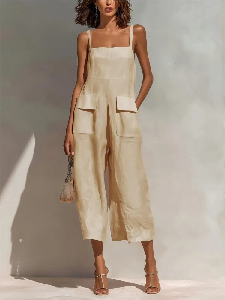 Women's Belted Linen Mid-Length Dress with Pockets