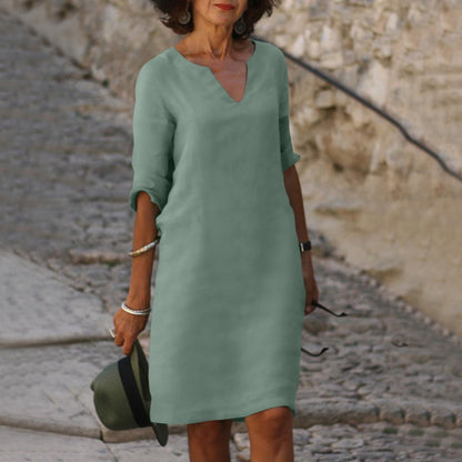 Plain Knee-Length V-Neck Dress for Women