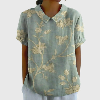 Women's Short-Sleeve Blouse with Floral Collar