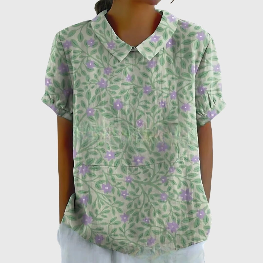 Women's Short-Sleeve Blouse with Floral Collar