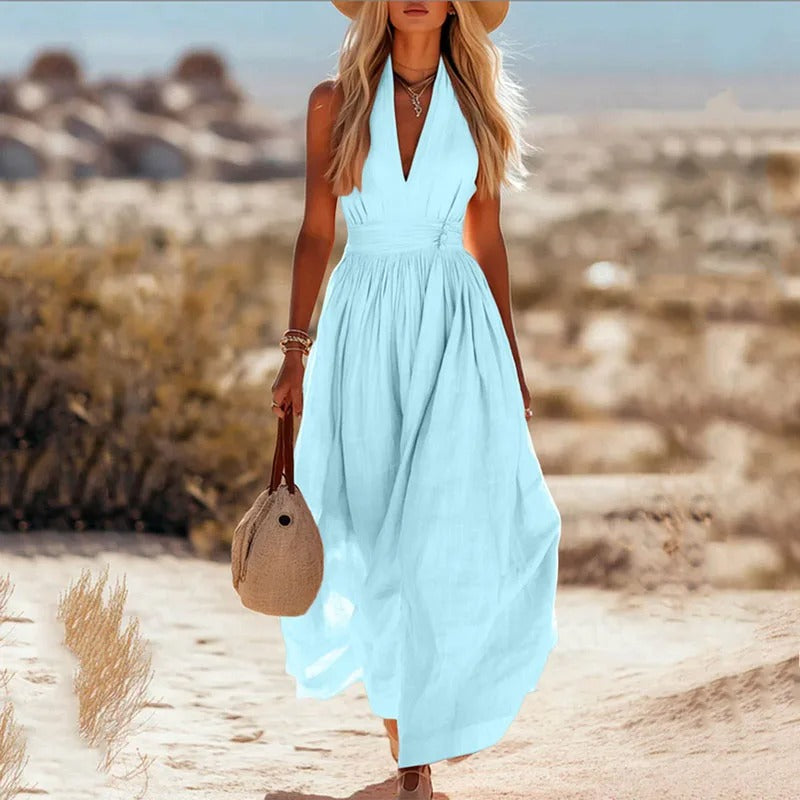 Women's Sleeveless Halterneck Linen Maxi Dress in Bohemian Style
