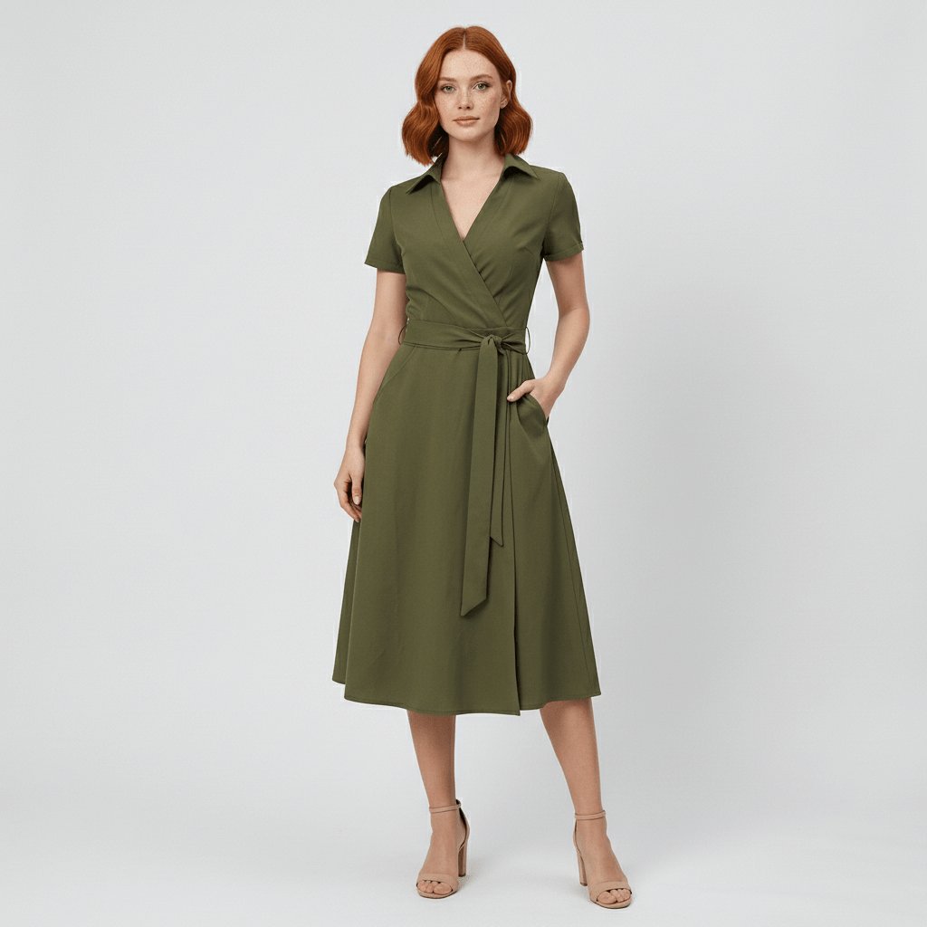 Women's Short-Sleeve Belted V-Neck A-Line Wrap Midi Dress