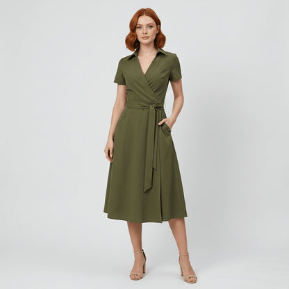 Women's Short-Sleeve Belted V-Neck A-Line Wrap Midi Dress