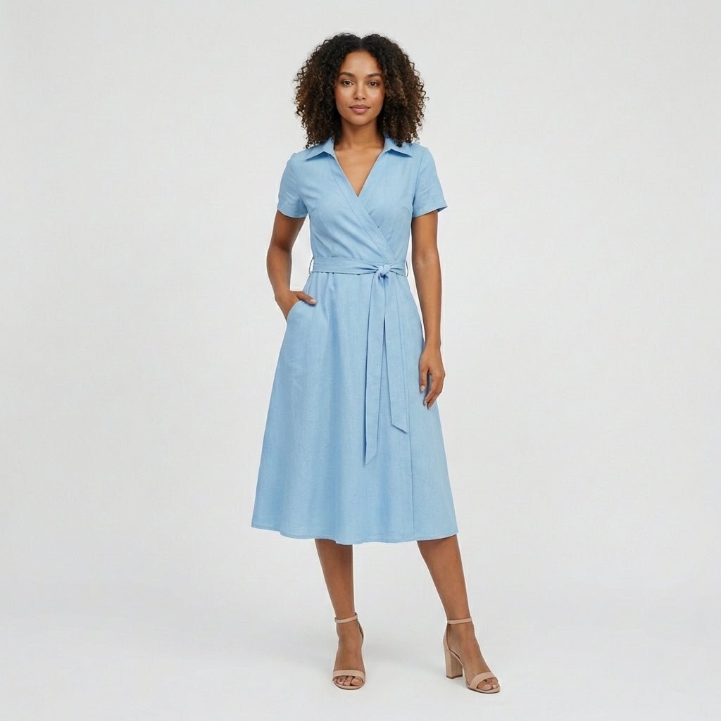 Women's Short-Sleeve Belted V-Neck A-Line Wrap Midi Dress