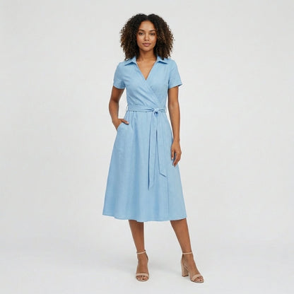 Women's Short-Sleeve Belted V-Neck A-Line Wrap Midi Dress