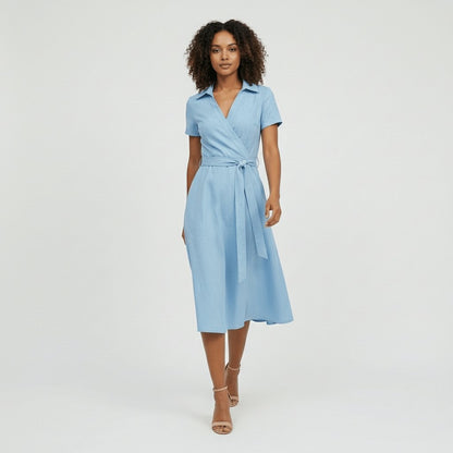 Women's Short-Sleeve Belted V-Neck A-Line Wrap Midi Dress