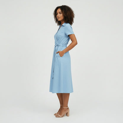 Women's Short-Sleeve Belted V-Neck A-Line Wrap Midi Dress