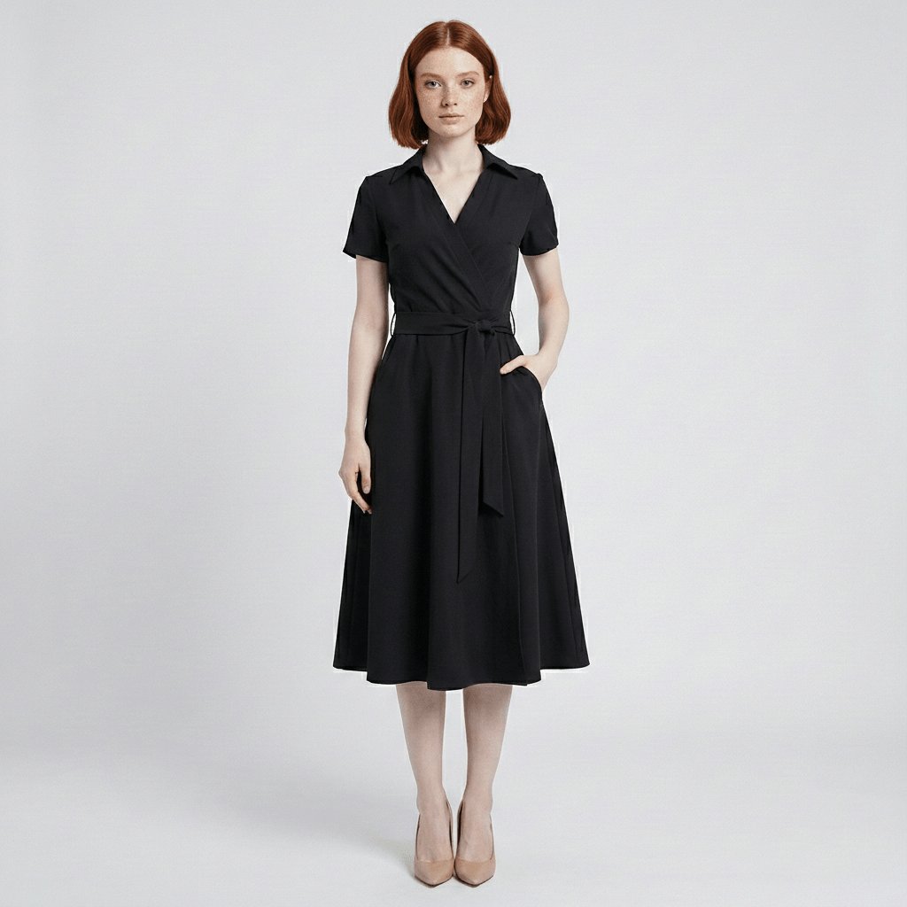 Women's Short-Sleeve Belted V-Neck A-Line Wrap Midi Dress