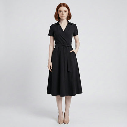 Women's Short-Sleeve Belted V-Neck A-Line Wrap Midi Dress