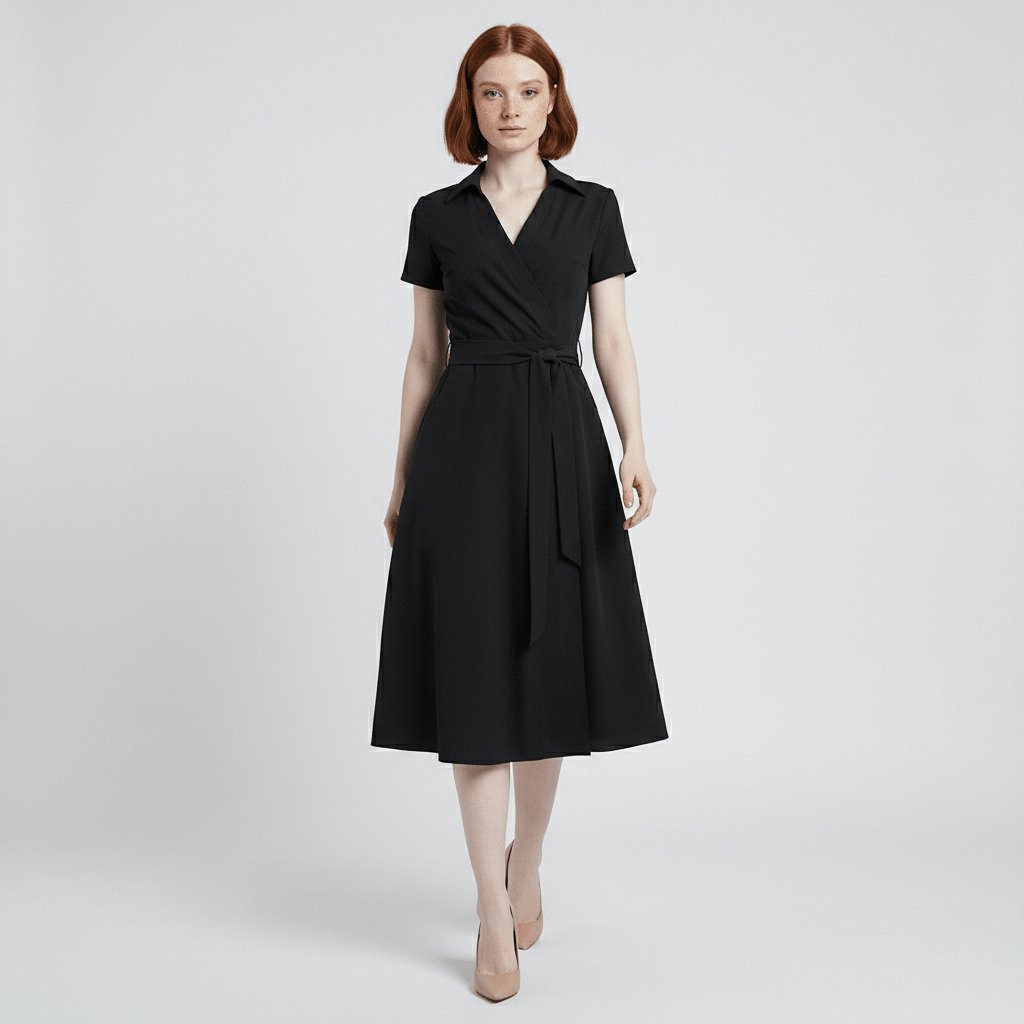 Women's Short-Sleeve Belted V-Neck A-Line Wrap Midi Dress