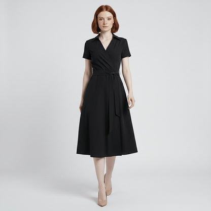 Women's Short-Sleeve Belted V-Neck A-Line Wrap Midi Dress