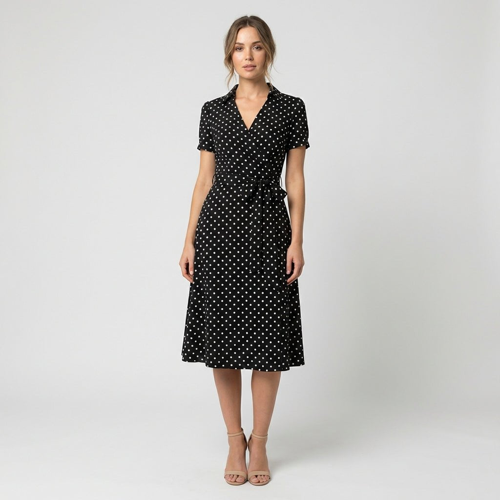 Women's Short-Sleeve Belted V-Neck A-Line Wrap Midi Dress