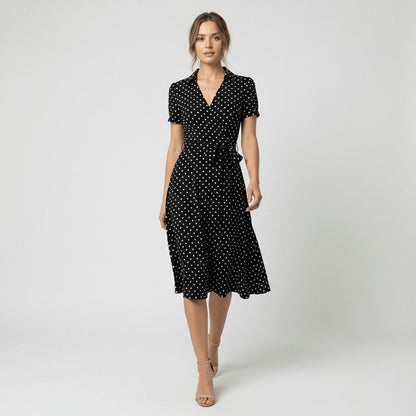 Women's Short-Sleeve Belted V-Neck A-Line Wrap Midi Dress
