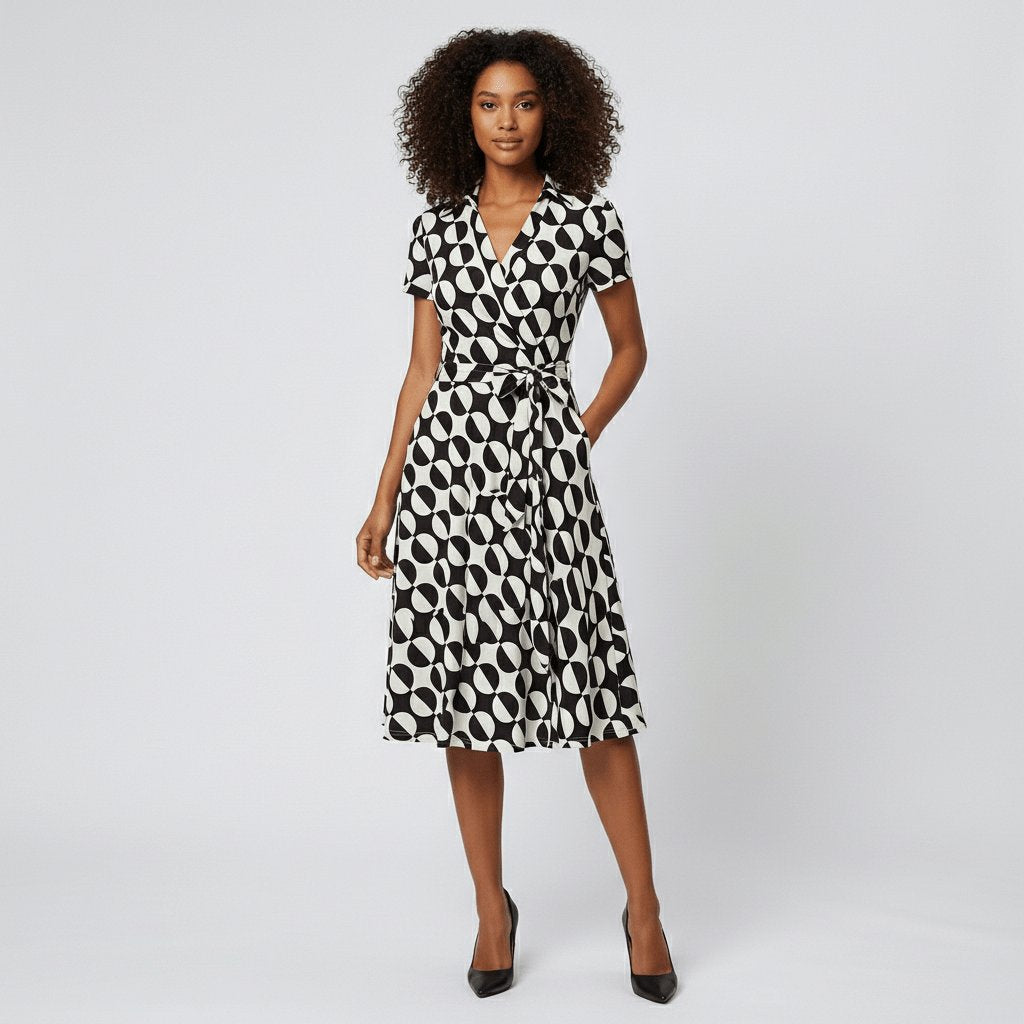 Women's Short-Sleeve Belted V-Neck A-Line Wrap Midi Dress