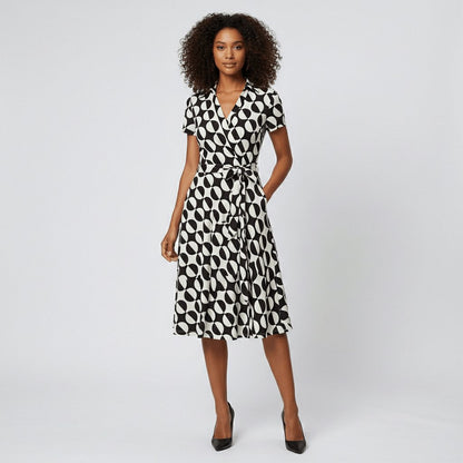 Women's Short-Sleeve Belted V-Neck A-Line Wrap Midi Dress