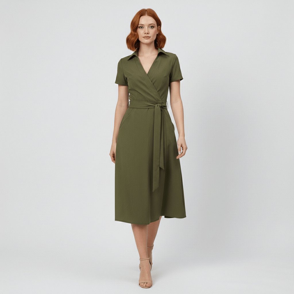 Women's Short-Sleeve Belted V-Neck A-Line Wrap Midi Dress