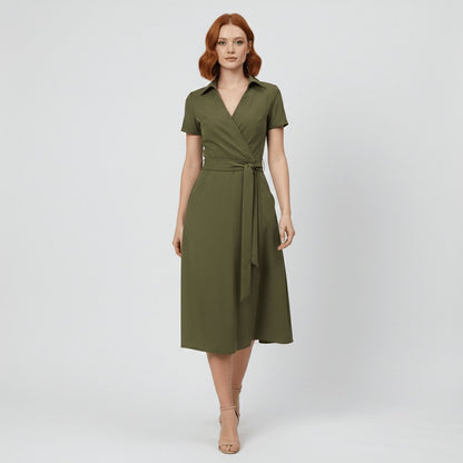 Women's Short-Sleeve Belted V-Neck A-Line Wrap Midi Dress