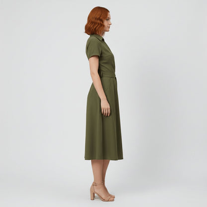 Women's Short-Sleeve Belted V-Neck A-Line Wrap Midi Dress