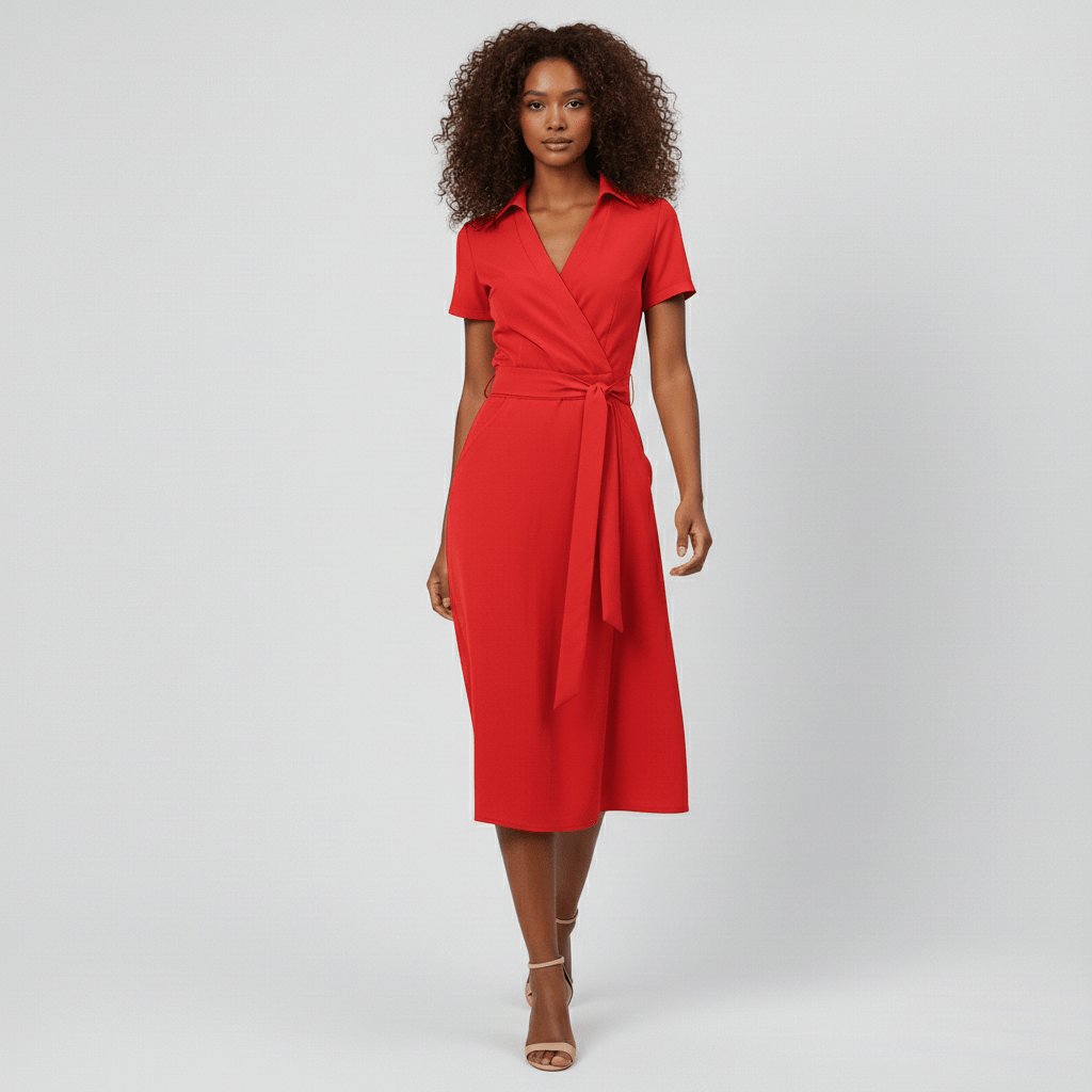 Women's Short-Sleeve Belted V-Neck A-Line Wrap Midi Dress