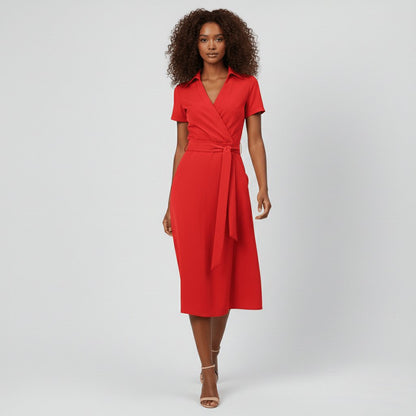 Women's Short-Sleeve Belted V-Neck A-Line Wrap Midi Dress