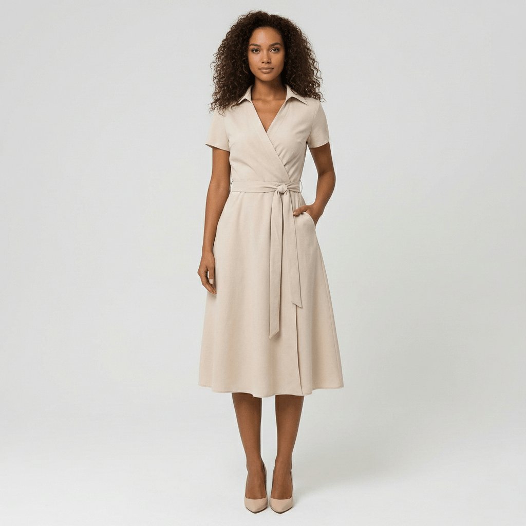 Women's Short-Sleeve Belted V-Neck A-Line Wrap Midi Dress