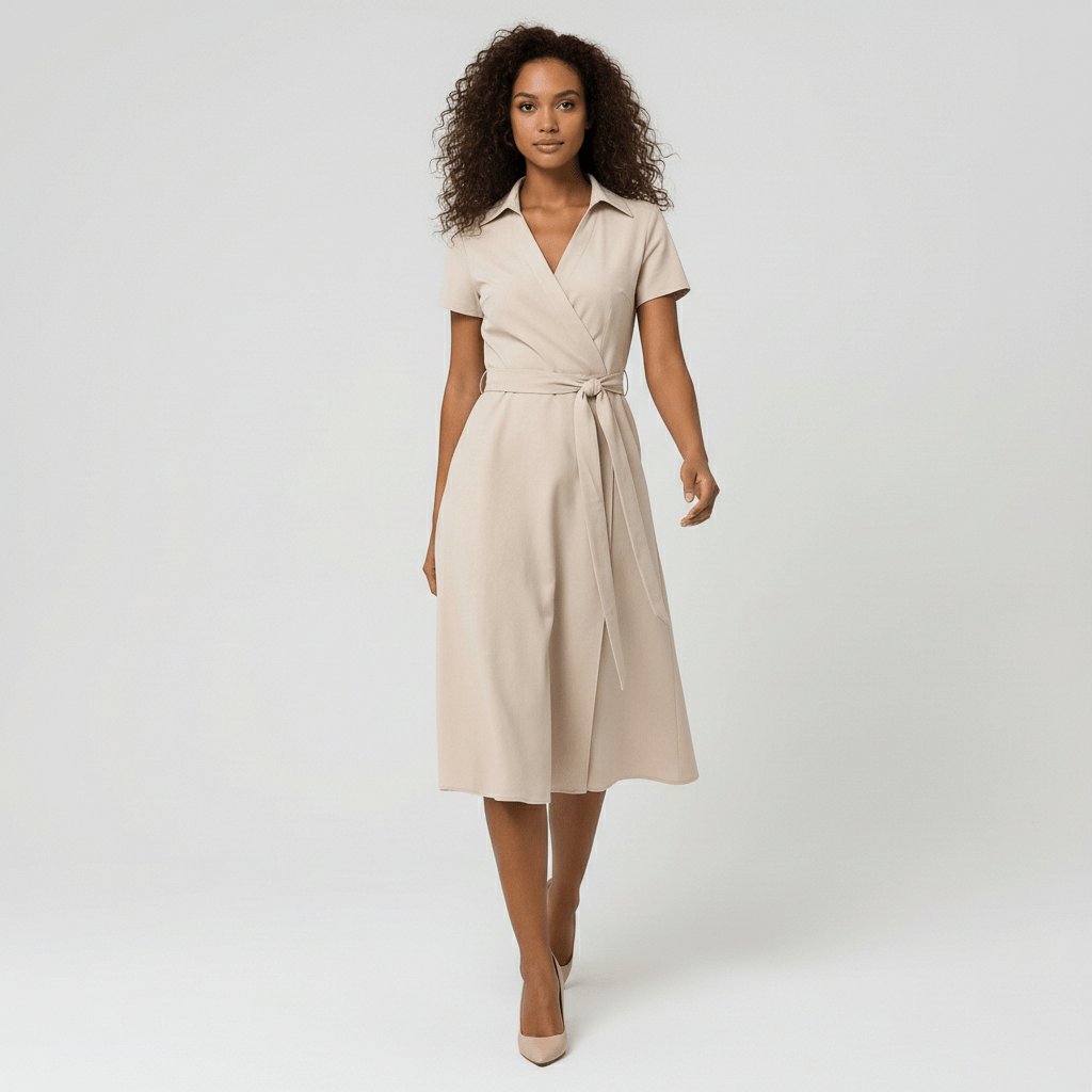 Women's Short-Sleeve Belted V-Neck A-Line Wrap Midi Dress