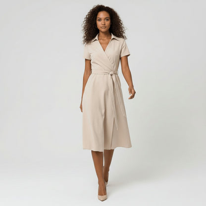 Women's Short-Sleeve Belted V-Neck A-Line Wrap Midi Dress